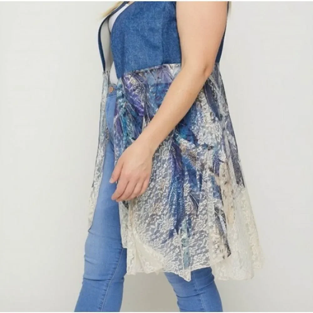 Plus Size Denim Feathers Blue Cardigan!! - Picture 3 of 4